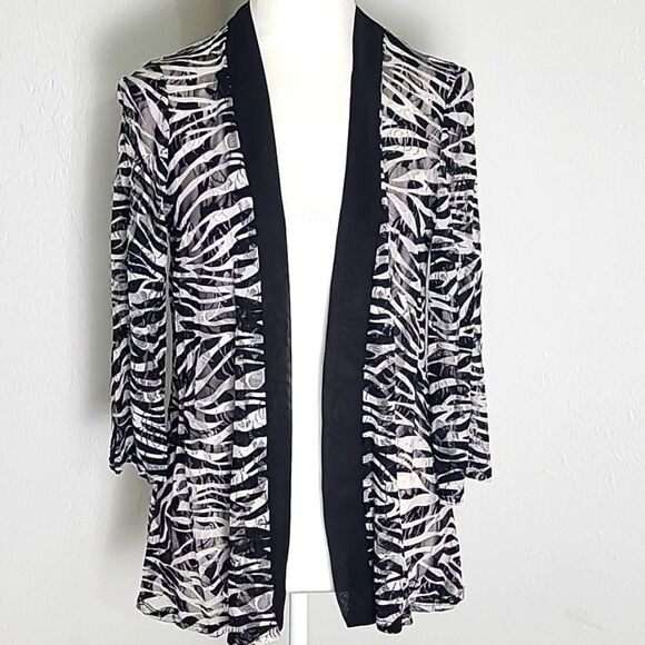 Slinky Brand Black & White Cardigan Sheer Top, Criss-Cross Cut-outs, Sz Small - Picture 1 of 9